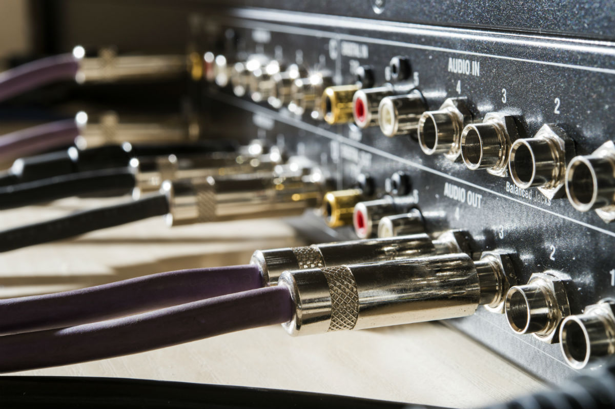 Audio wires connected to a mixer